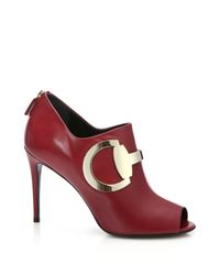 Gucci | Red Rooney Leather Horsebit Peep-toe Booties | Lyst