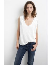 Velvet By Graham & Spencer White Malana Linen Knit Shoulder Pleat Tank Top