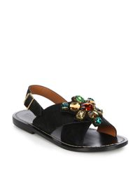 Marni | Black Jeweled Calf Hair Crisscross Sandals | Lyst