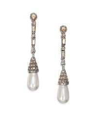 Oscar de la Renta | Metallic Pear Faux Pearl & Crystal Baguette Linear Drop Earrings | Lyst