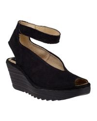 Fly London | Yala Wedge Sandal Perforated Black Suede | Lyst