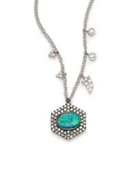 Meira T | Green Opal, Diamond & 14k White Gold Hexagon Pendant Necklace | Lyst