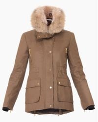 Veronica Beard | Brown Glade Funnel Neck Patch Pocket Coat With Removable Fur Collar | Lyst