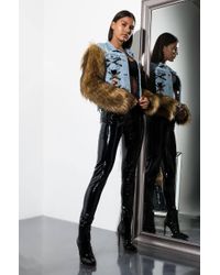 AKIRA Azalea Wang Crush On You Lace Up Denim Jacket With Faux Fur Sleeves  in Denim Brown (Blue) - Lyst