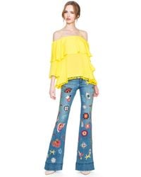 Alice + Olivia - Blue New Ryley Embroidered Low Rise Bell Jean - Lyst