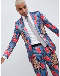 Giacca da abito skinny blu a fiori con tigri applicate da Uomo di ASOS in  Blu | Lyst