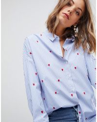 Chemise A Rayures Et A Imprime Cœur Jean Stradivarius En Coloris Bleu Lyst