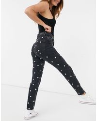 Stradivarius Denim Smalle Mom Jeans Met Geborduurde Bloemen in het Zwart |  Lyst NL