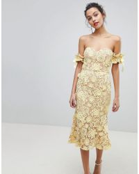 Jarlo Yellow All Over Cutwork Lace Bardot Midi Dress With Tie Sleeve Detail
