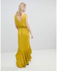 Flounce London Wrap Front Satin Maxi Dress in Yellow - Lyst