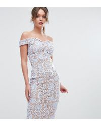 Boohoo Lace Off The Shoulder Midi Pencil Dress in Blue - Lyst