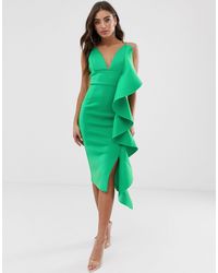 lavish alice asymmetric draped frill midi dress in scuba
