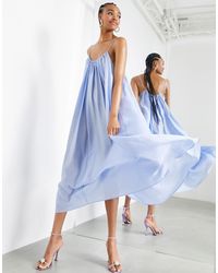 Vestito lungo svasato con spalline sottili e laccio sul collo azzurro  polvereASOS in Denim di colore Blu | Lyst