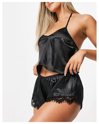Wolf & Whistle Black Lace And Satin Crop Cami And Short Pyjama Set