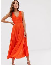 lace top midi dress with pleated skirt