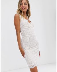 Lipsy Wrap Front Lace Midi Dress in White - Lyst