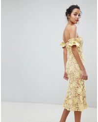 Jarlo Yellow All Over Cutwork Lace Bardot Midi Dress With Tie Sleeve Detail