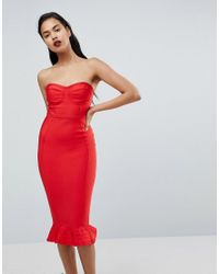 red frill hem bandage midi dress