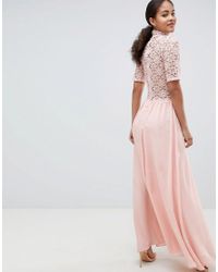 John Zack Pink High Neck Cutwork Lace Top Maxi Dress