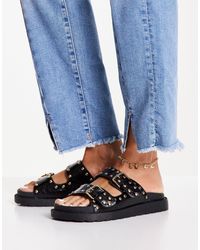 Sandalias Plataformas De Piel Negras Con Tachuelas Doradas Y Cierre De  Velcro Mjus | Querol