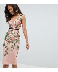 asos design long sleeve midi dress with embroidered flowers and ruffle detail
