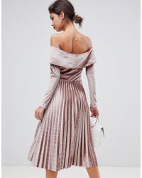 pleated velvet bardot midi dress