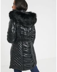 river island longline padded belted coat with faux fur hood in black