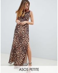 ASOS DESIGN Petite - Vestito lungo asimmetrico maculato con spalline  sottili e scollo drappeggiatoASOS in Denim di colore Marrone | Lyst