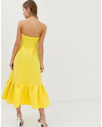asos design bandeau midi dress with ruffle pep hem