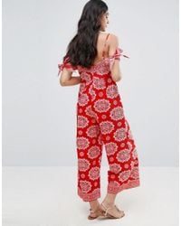 ASOS Bandana Print Cotton Jumpsuit With Tie Cold Shoulder in Red - Lyst