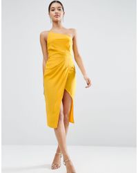 yellow one shoulder midi dress
