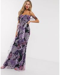 lipsy satin panel bardot fishtail maxi dress