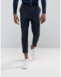 ASOS Synthetic Tapered Smart Trousers In Navy Pinstripe With Elasticated  Waist in Blue for Men - Lyst