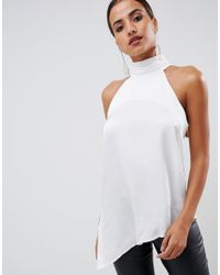 High Neck Halter Satin Top in White 