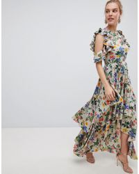 asos design maxi dress with cape back and dipped hem in light floral print