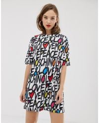 Love Moschino Silk Graffiti Logo T Shirt Dress In White Lyst
