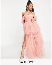 Vestido largo con escote bardot LACE \u0026 BEADS de Tul de color Rosa | Lyst