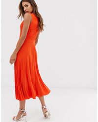 lace top midi dress with pleated skirt