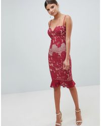 red lace frill hem midi dress