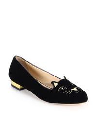 Charlotte Olympia | Black Velvet Kitty Flats | Lyst