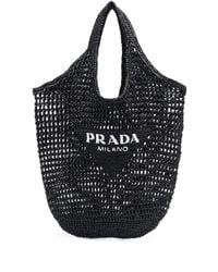 Prada Triangle Logo Patch Raffia Shoulder Bag in Black | Lyst