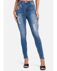 Bebe Denim Rhinestone Detail High Waist Skinny Leg Jeans in Blue - Lyst