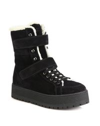 Prada | Black Suede & Sheepskin Fur Lace-up Boots | Lyst