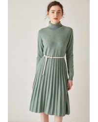 Bellemere New York Green Pleated Woolen Cashmere Sweater Dress