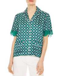Sandro Cotton Hena Button Front Satin Top in Green | Lyst