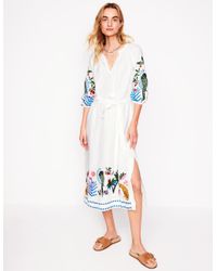 knee length dresses for ladies Arabella Linen Blend Dress-Red Embroidery