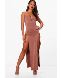 boohoo maxi plunge strappy split double dress clothing