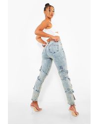 Boohoo Denim Biker Buckle Wash Split Hem Jeans in Blue - Lyst