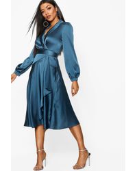 long sleeve green satin dress