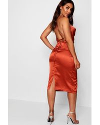strappy back cowl neck satin midi dress